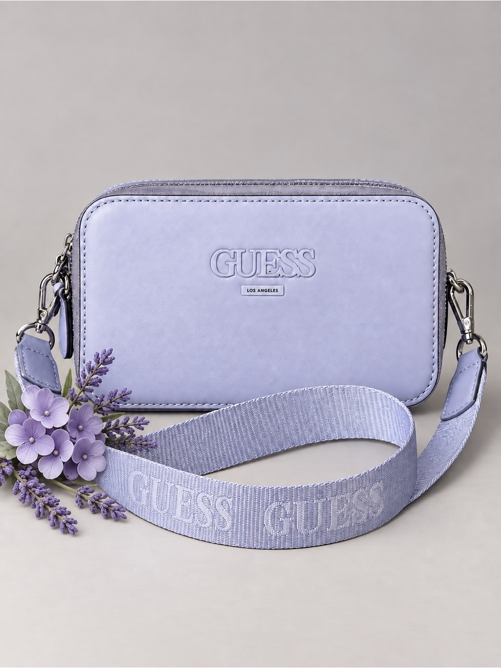 GUESS Lavender Crossbody Camera Bag with Wide Logo Strap